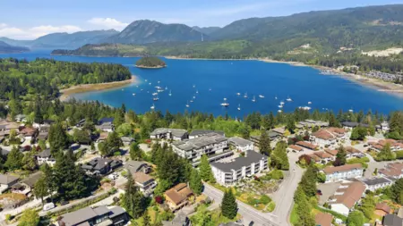 Aerial View of 302 5780 Trail Avenue, Sechelt, BC