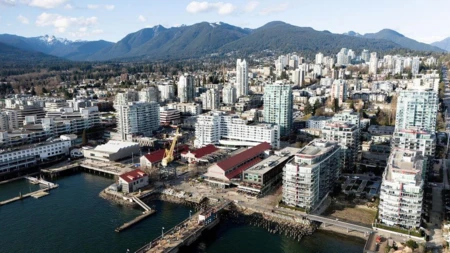 Aerial View of 409 185 Victory Ship Way, North Vancouver, BC
